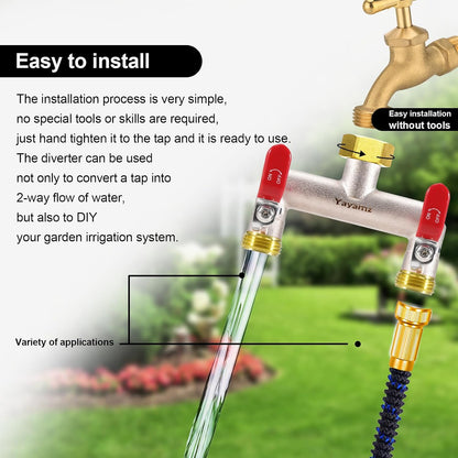 Garden Hose Splitter, 3/4” Rust and Freeze Resistant Outdoor Hose Manifold with 2 green Extra Long Handles Faucet Adapter-Heavy Duty Brass Nickel Plated 2-Way Valve