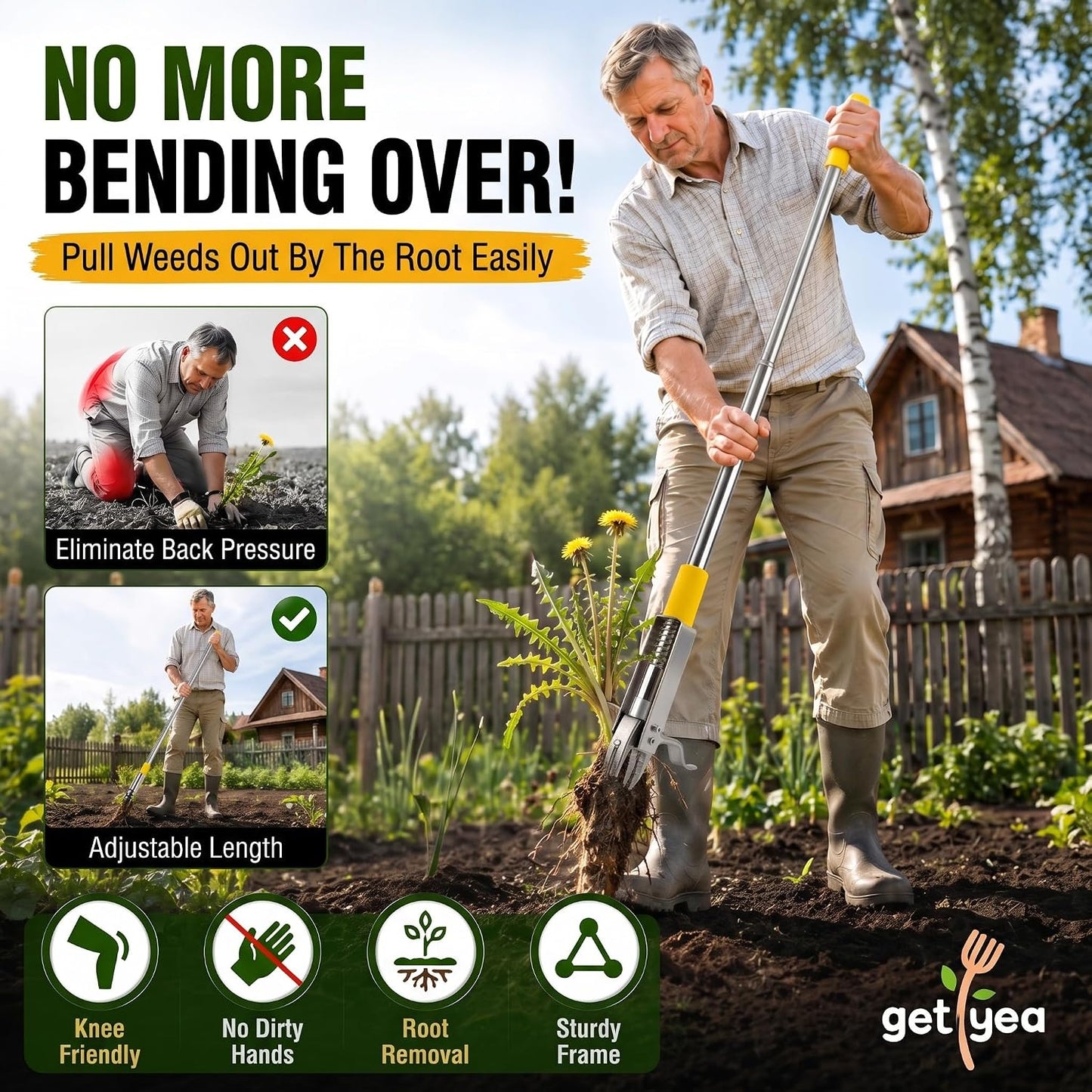 Stand Up Weed Puller Tool with Steel 4-Claw Deep Root Remover and Dual Eject Mechanism, Long Handle 48” Garden Weeder for Dandelion & Tough Weeds, No Bend Back Pain Tool for Seniors