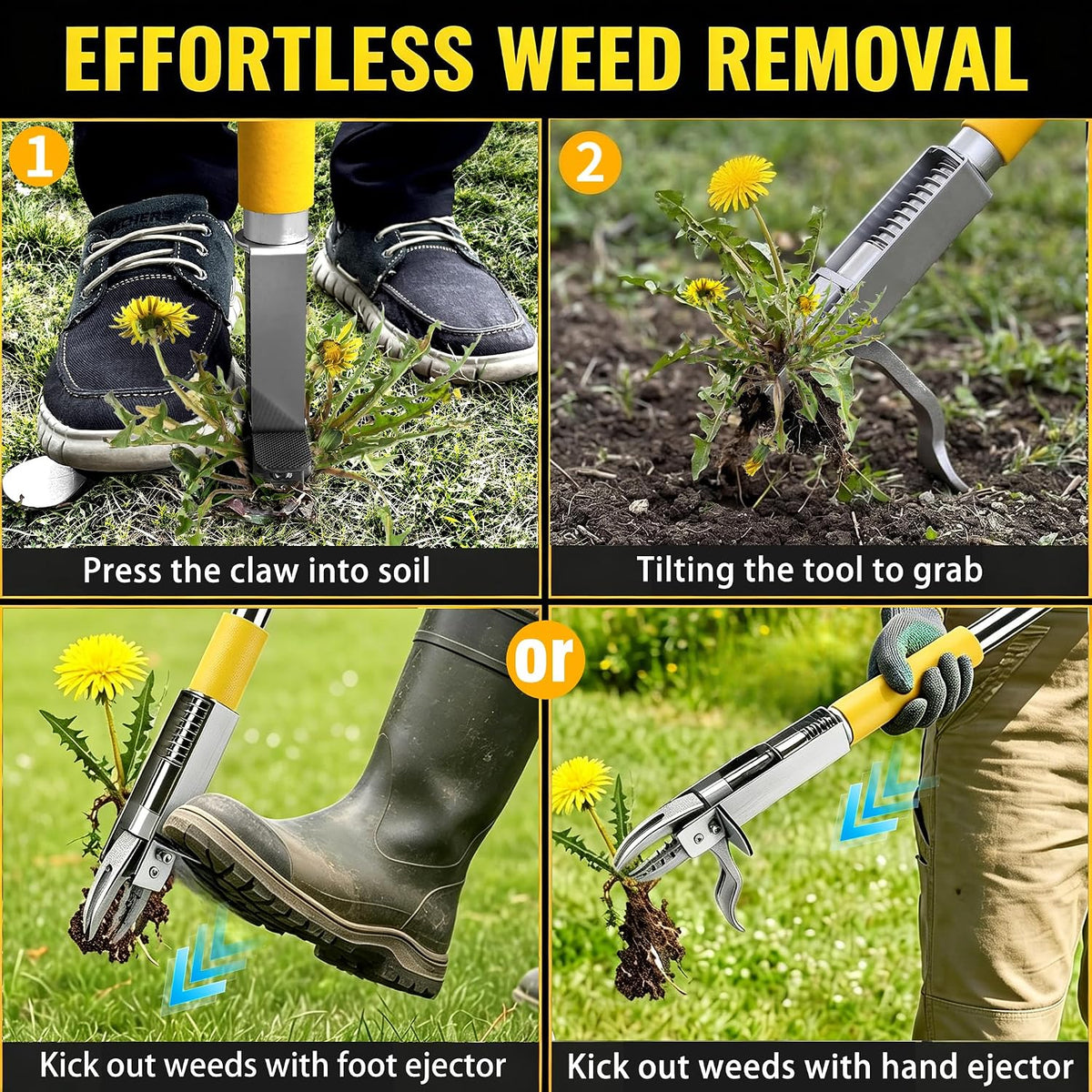 Stand Up Weed Puller Tool with Steel 4-Claw Deep Root Remover and Dual Eject Mechanism, Long Handle 48” Garden Weeder for Dandelion & Tough Weeds, No Bend Back Pain Tool for Seniors