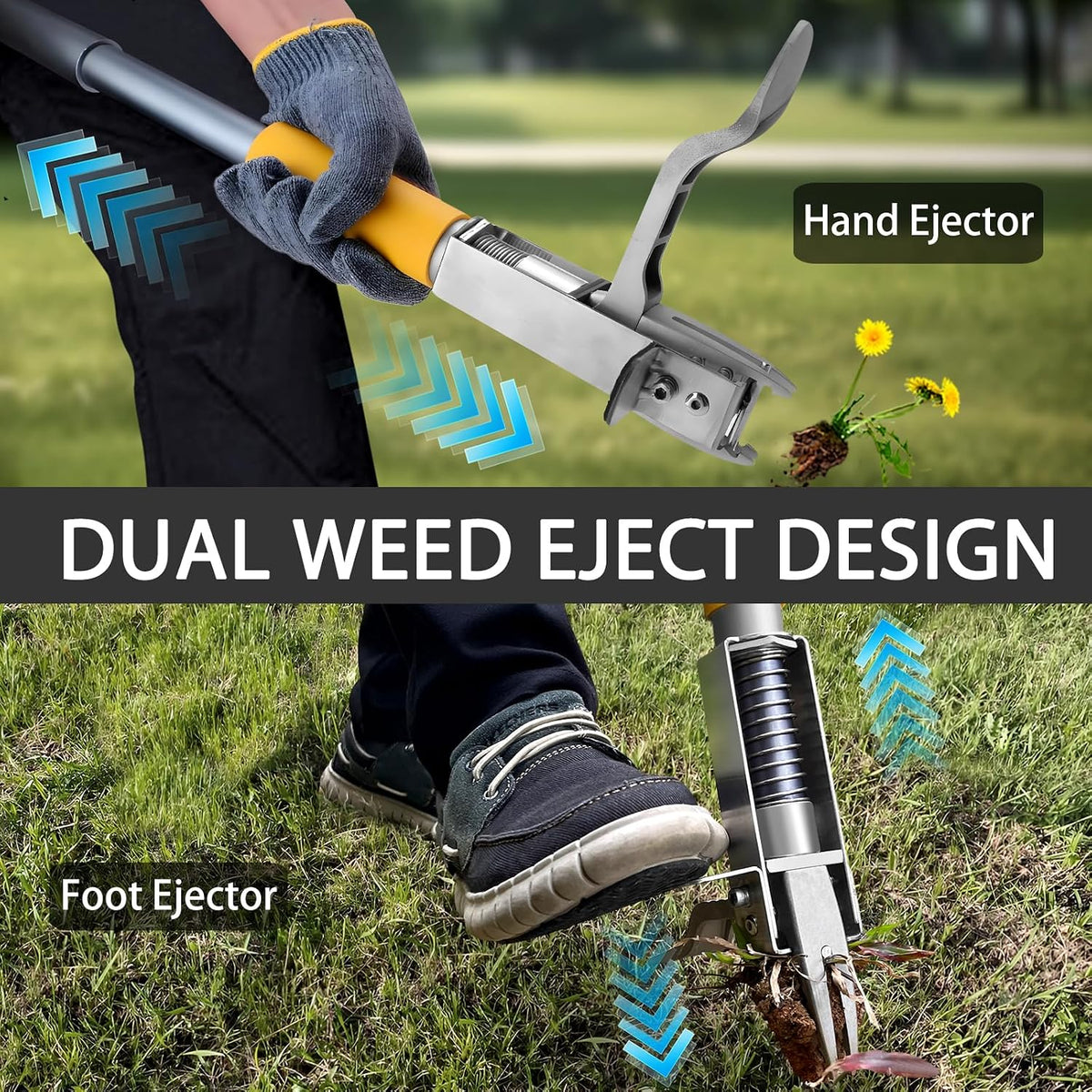 Stand Up Weed Puller Tool with Steel 4-Claw Deep Root Remover and Dual Eject Mechanism, Long Handle 48” Garden Weeder for Dandelion & Tough Weeds, No Bend Back Pain Tool for Seniors
