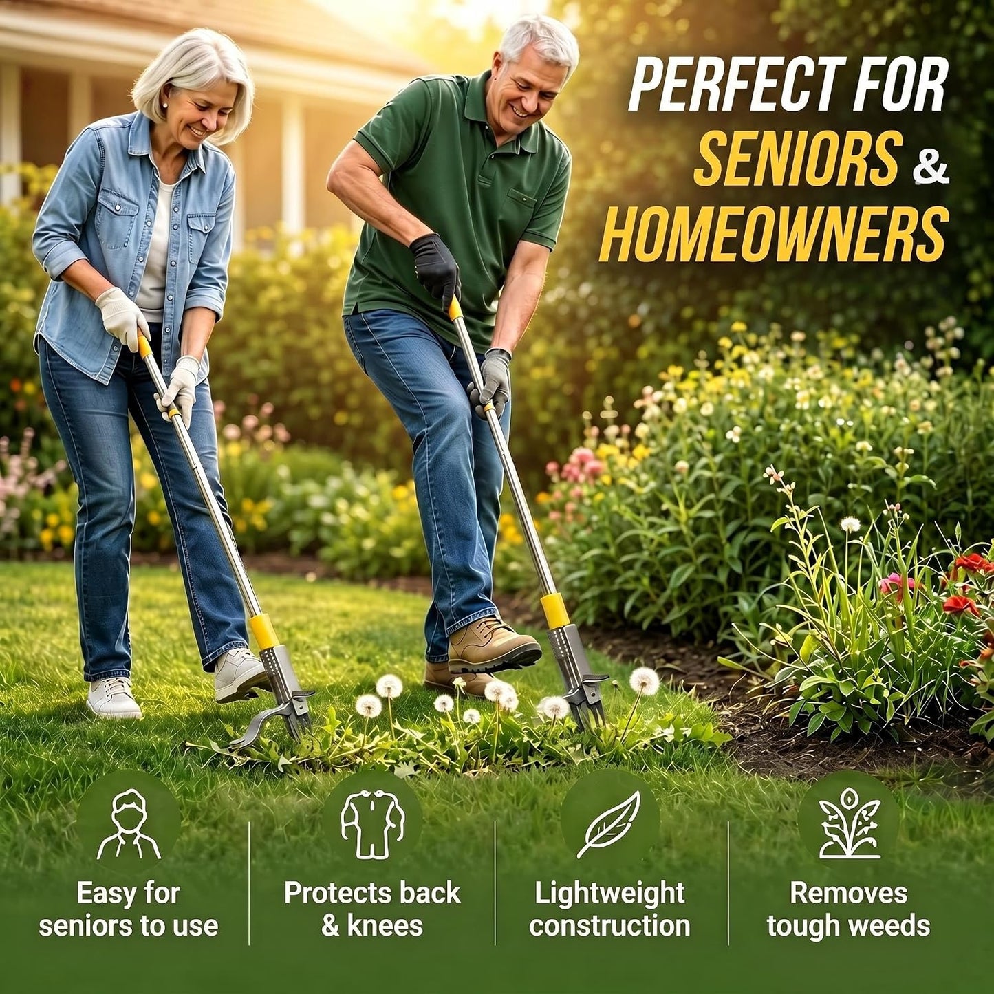 Stand Up Weed Puller Tool with Steel 4-Claw Deep Root Remover and Dual Eject Mechanism, Long Handle 48” Garden Weeder for Dandelion & Tough Weeds, No Bend Back Pain Tool for Seniors