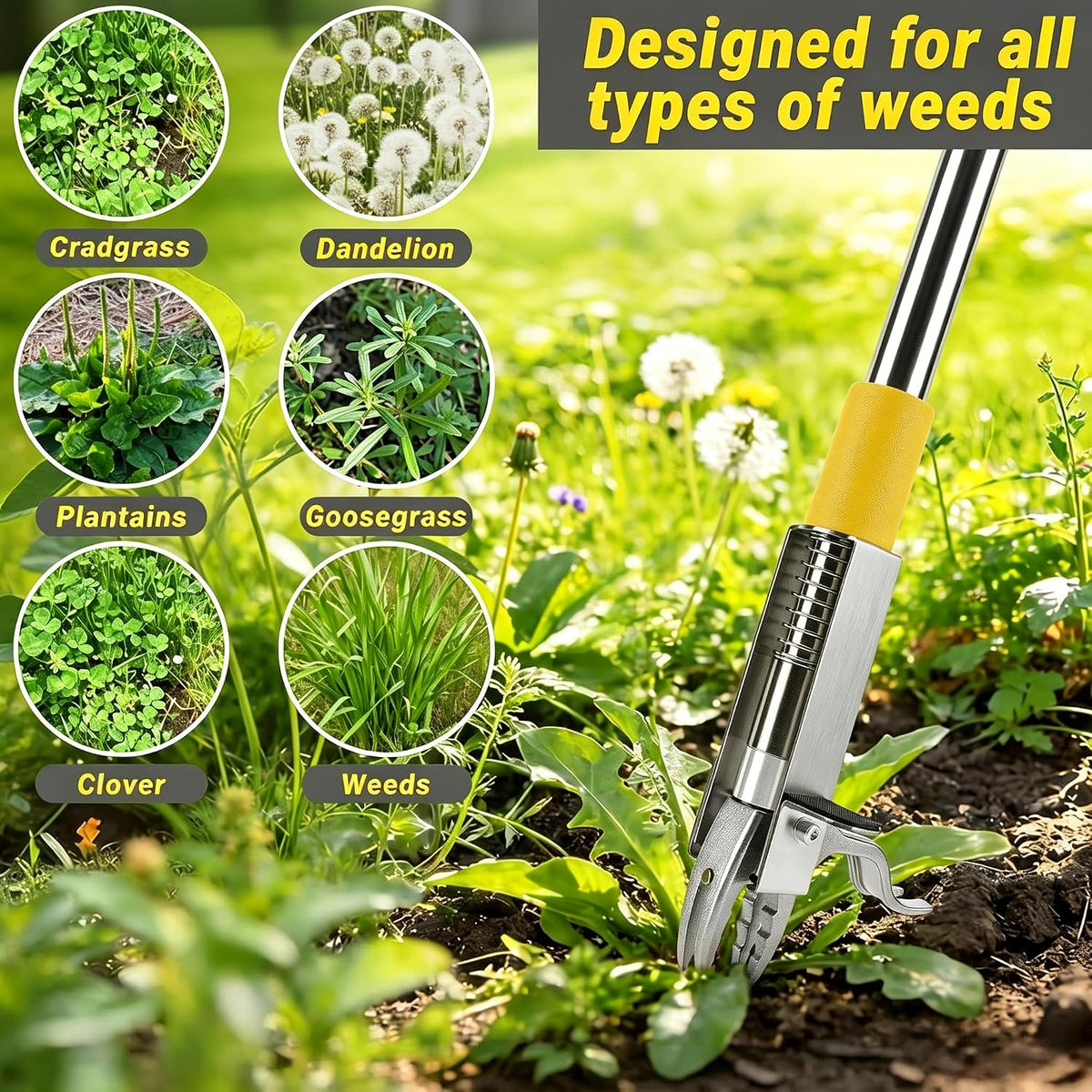 Stand Up Weed Puller Tool with Steel 4-Claw Deep Root Remover and Dual Eject Mechanism, Long Handle 48” Garden Weeder for Dandelion & Tough Weeds, No Bend Back Pain Tool for Seniors