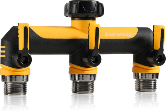 Full Flow Heavy Duty 3 Way Hose Splitter, Rugged Garden Faucet Adapter, Spout Diverter T - Way Adapter with Extended Handle, 3/4” GHT Thread, Yellow