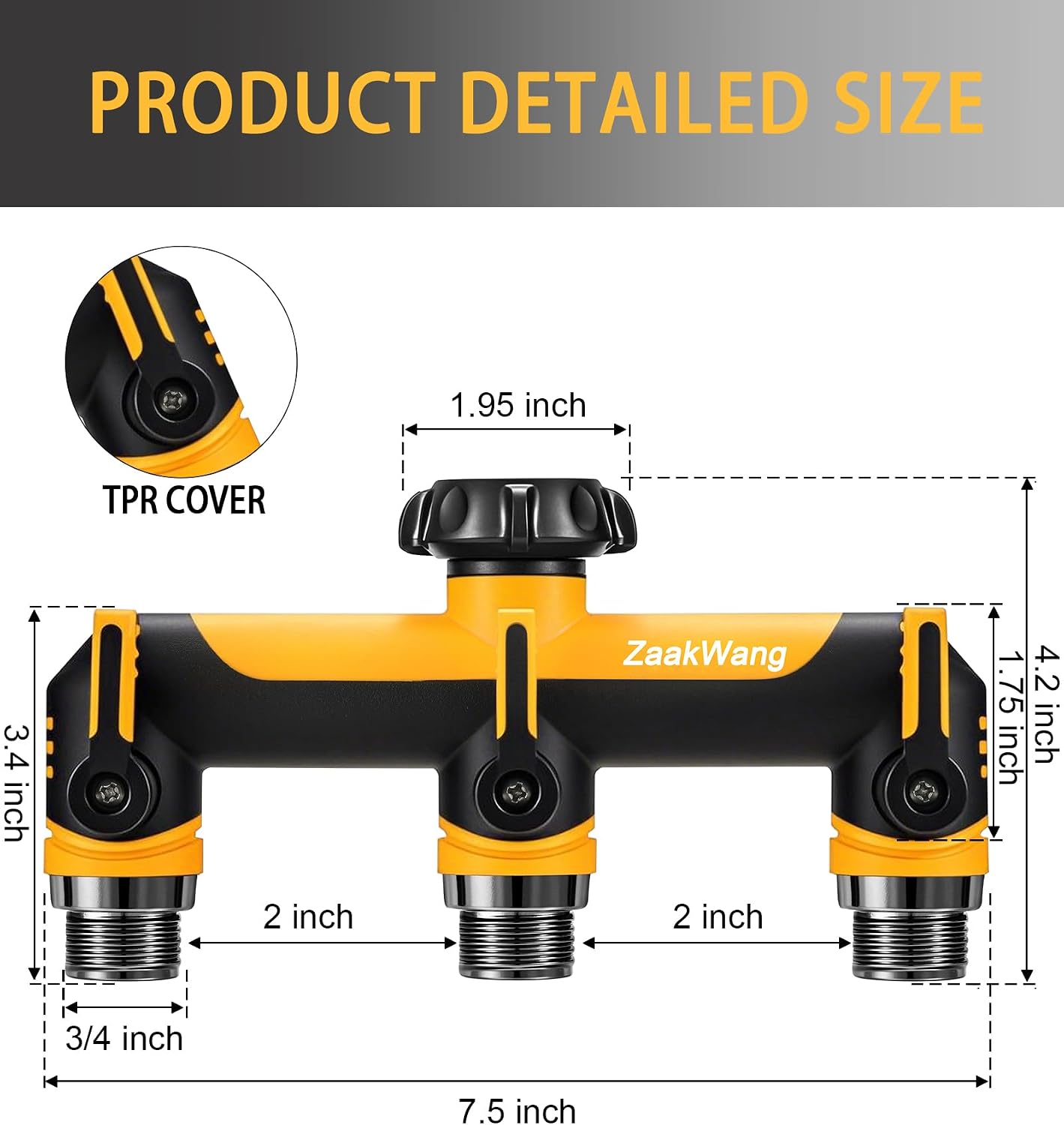 Full Flow Heavy Duty 3 Way Hose Splitter, Rugged Garden Faucet Adapter, Spout Diverter T - Way Adapter with Extended Handle, 3/4” GHT Thread, Yellow