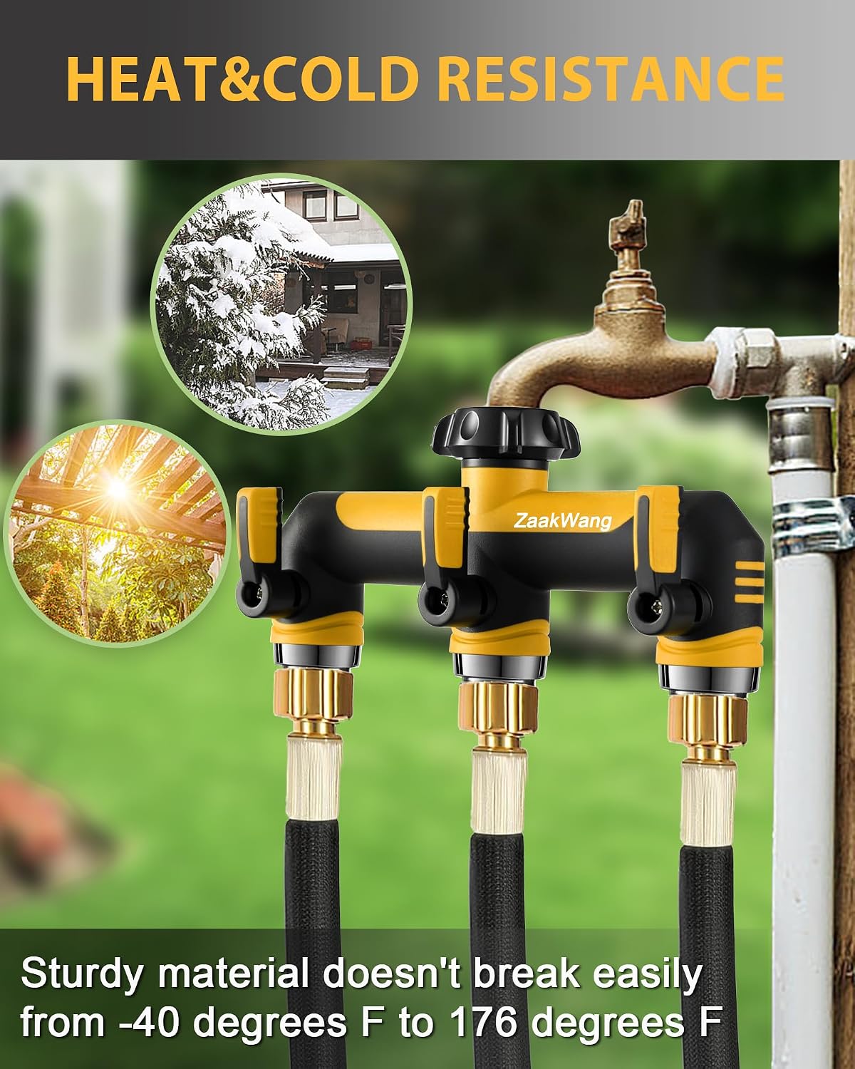 Full Flow Heavy Duty 3 Way Hose Splitter, Rugged Garden Faucet Adapter, Spout Diverter T - Way Adapter with Extended Handle, 3/4” GHT Thread, Yellow