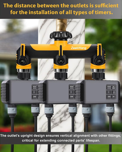 Full Flow Heavy Duty 3 Way Hose Splitter, Rugged Garden Faucet Adapter, Spout Diverter T - Way Adapter with Extended Handle, 3/4” GHT Thread, Yellow