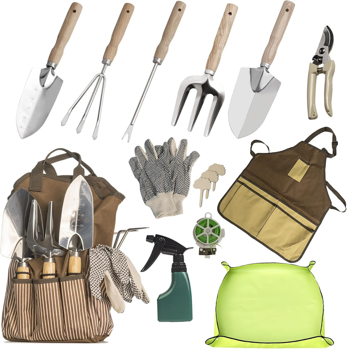 13-Piece Garden Tools Set with Tote Bag & Apron, Repotting Mat - Stainless Steel Heavy Duty Planting Kit, Ergonomic Non-Slip Handles - Gardening Gift for Women, Mom, Home Gardeners