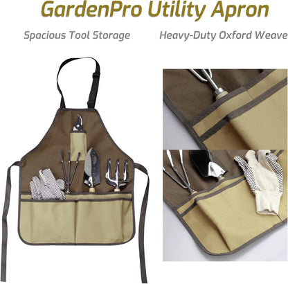 13-Piece Garden Tools Set with Tote Bag & Apron, Repotting Mat - Stainless Steel Heavy Duty Planting Kit, Ergonomic Non-Slip Handles - Gardening Gift for Women, Mom, Home Gardeners