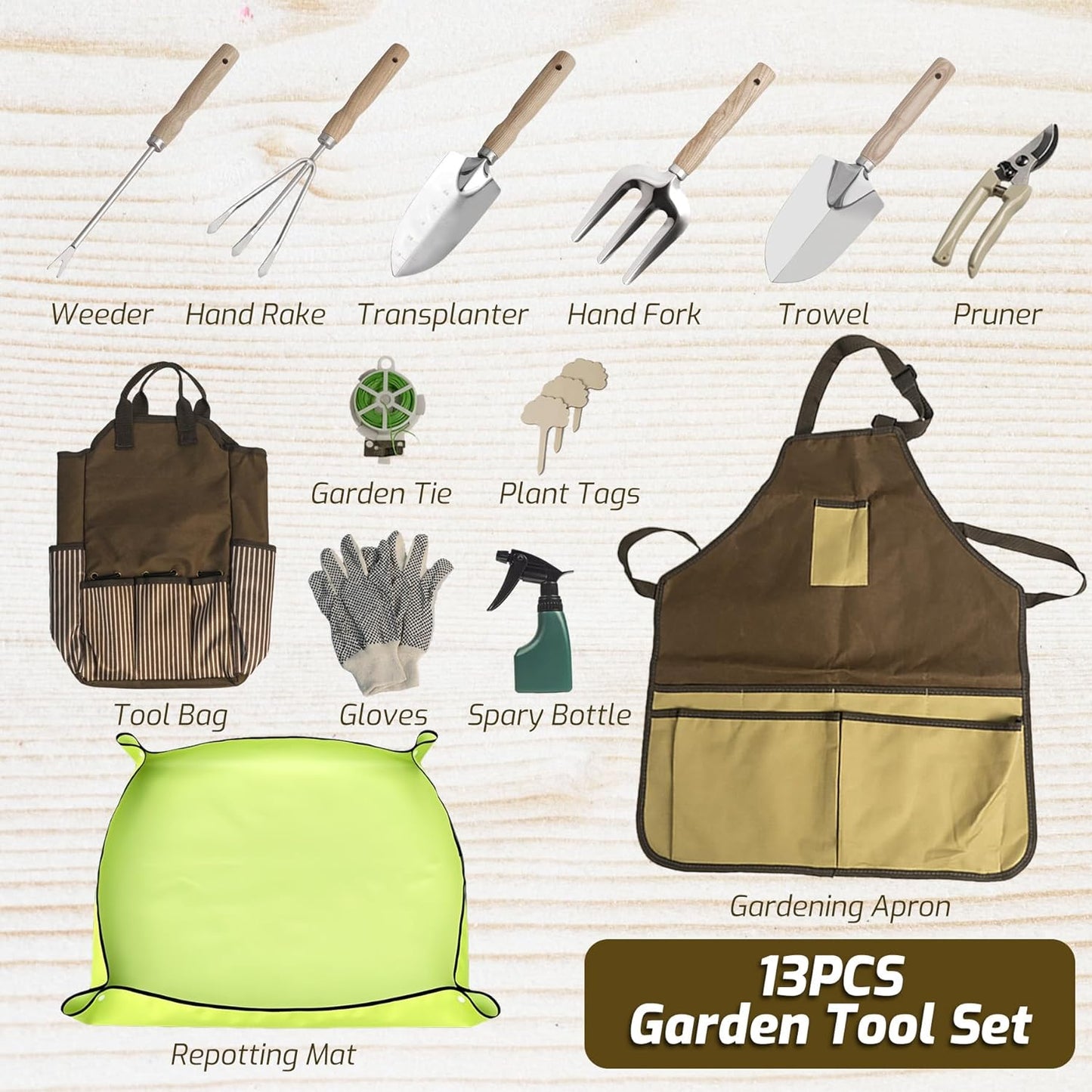 13-Piece Garden Tools Set with Tote Bag & Apron, Repotting Mat - Stainless Steel Heavy Duty Planting Kit, Ergonomic Non-Slip Handles - Gardening Gift for Women, Mom, Home Gardeners