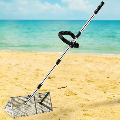 Sand Flea Rake, Beach Treasure Rake Stainless Steel – 16" Wide Stainless Steel Sand Sifter for Shark Teeth, Shells & Sand Crabs, Collapsible Design with Drain Screen