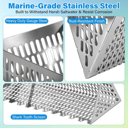 Sand Flea Rake, Beach Treasure Rake Stainless Steel – 16" Wide Stainless Steel Sand Sifter for Shark Teeth, Shells & Sand Crabs, Collapsible Design with Drain Screen