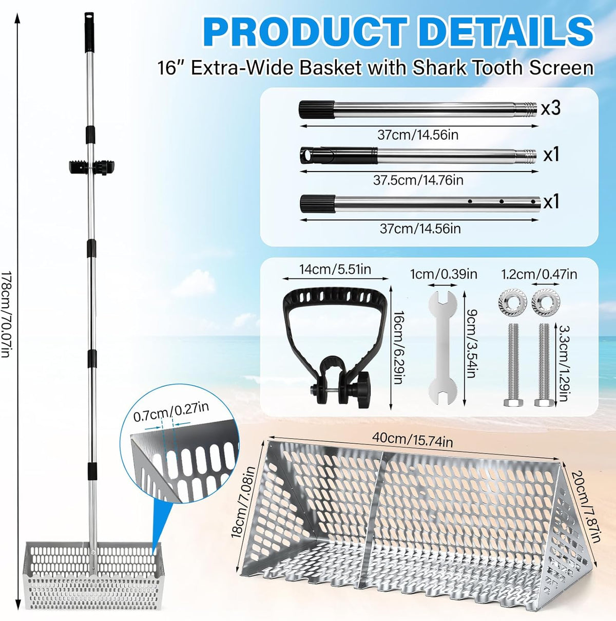 Sand Flea Rake, Beach Treasure Rake Stainless Steel – 16" Wide Stainless Steel Sand Sifter for Shark Teeth, Shells & Sand Crabs, Collapsible Design with Drain Screen