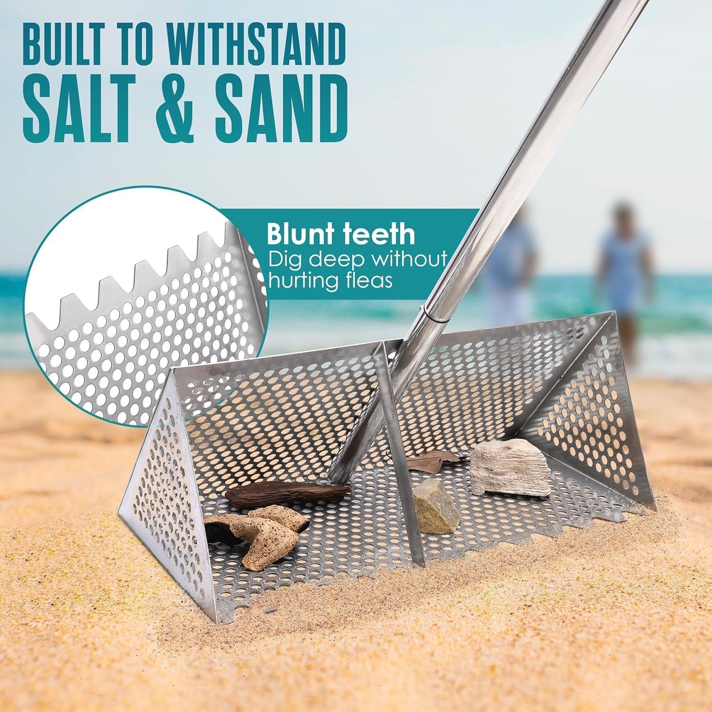 Sand Flea Rake, Beach Treasure Rake Stainless Steel – 16" Wide Stainless Steel Sand Sifter for Shark Teeth, Shells & Sand Crabs, Collapsible Design with Drain Screen