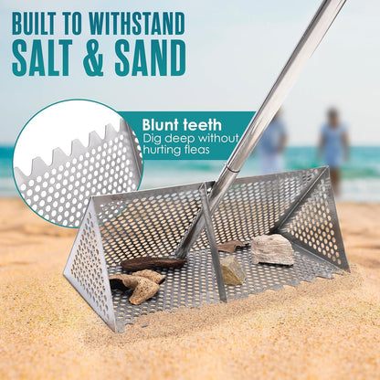 Sand Flea Rake, Beach Treasure Rake Stainless Steel – 16" Wide Stainless Steel Sand Sifter for Shark Teeth, Shells & Sand Crabs, Collapsible Design with Drain Screen
