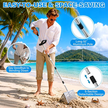 Sand Flea Rake, Beach Treasure Rake Stainless Steel – 16" Wide Stainless Steel Sand Sifter for Shark Teeth, Shells & Sand Crabs, Collapsible Design with Drain Screen