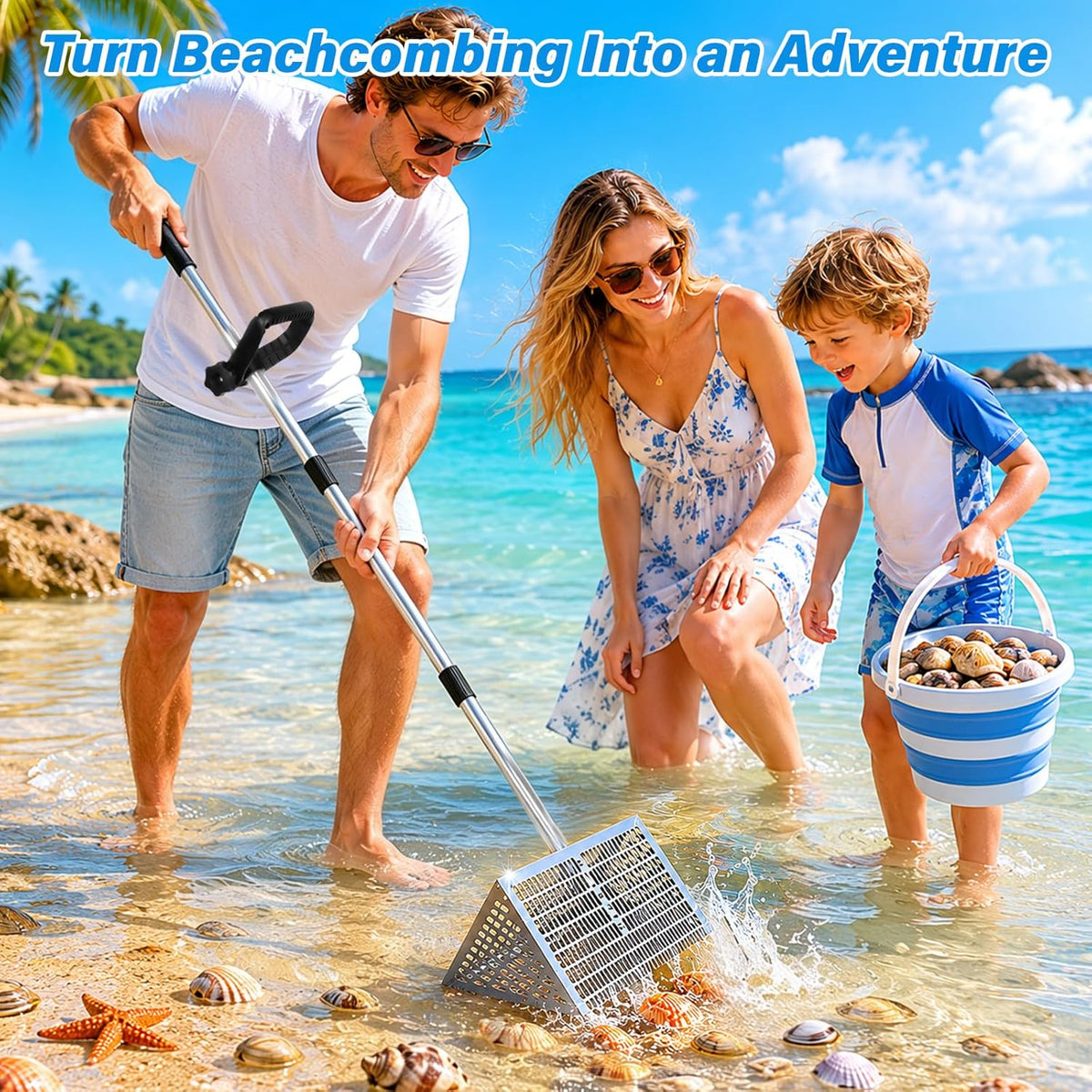 Sand Flea Rake, Beach Treasure Rake Stainless Steel – 16" Wide Stainless Steel Sand Sifter for Shark Teeth, Shells & Sand Crabs, Collapsible Design with Drain Screen