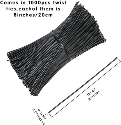 1000Pcs 8 Inch Plastic Twist Ties,Cable Ties for Making Facial Face Mask Plants Party Cello Candy Gift Bags Cake Pops-Black