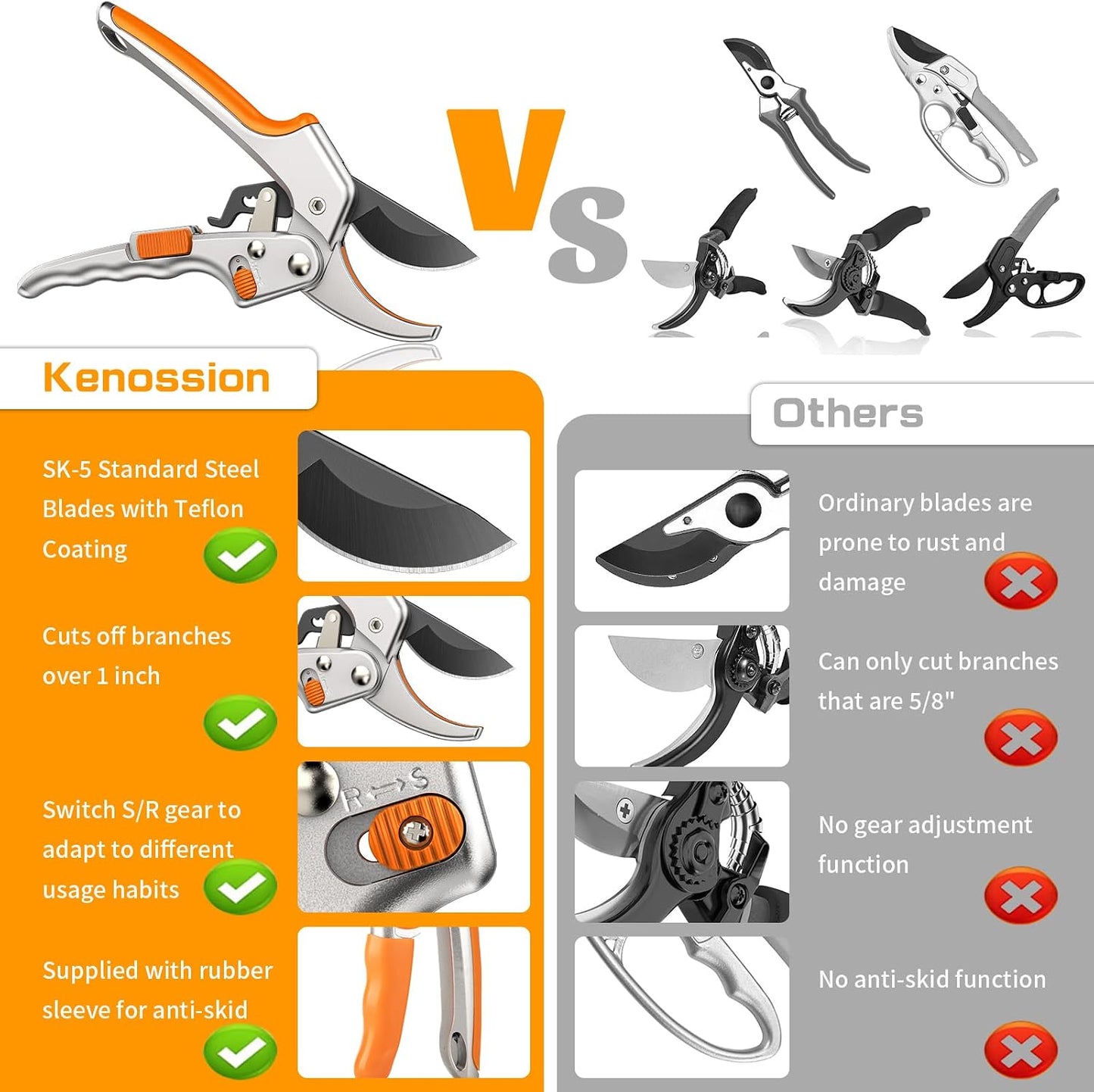 Pruning Shears, Gardening Tools - Garden Shears with Ratchet Anvil, Professional Pruners for Gardening, Garden Clippers/Pruning Scissors with Stainless Steel Blades & Non-slip Handle