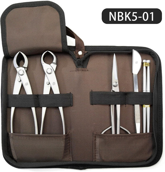Bonsai Tools 5-Piece Alloy Steel Bonsai tool Kit In Cluding 210mm Long Handle Scissors / 205mm Branch Cutter / 205mm Knob Cutter / 200mm Straight Root Hook/Tweezers (NBK5-01)
