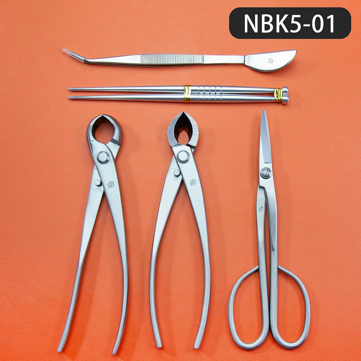 Bonsai Tools 5-Piece Alloy Steel Bonsai tool Kit In Cluding 210mm Long Handle Scissors / 205mm Branch Cutter / 205mm Knob Cutter / 200mm Straight Root Hook/Tweezers (NBK5-01)