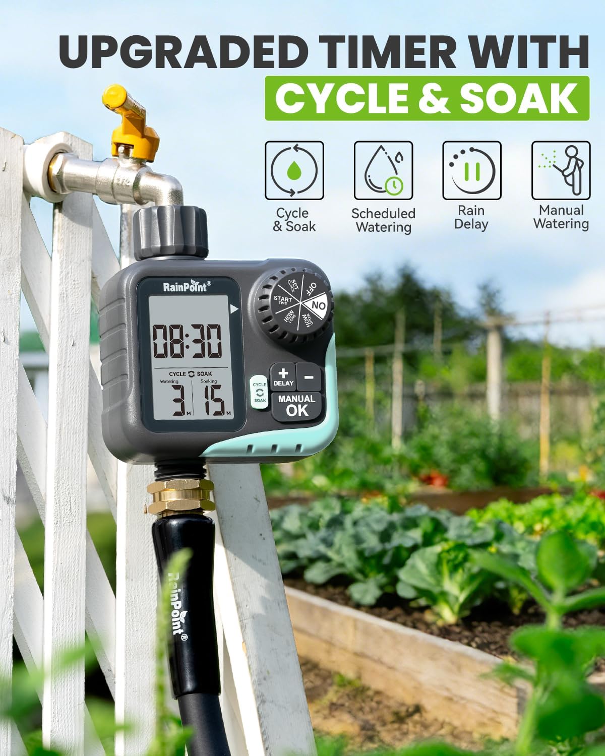 Sprinkler Timer - Cycle & Soak Hose Timer for Garden Hose with Automatic Watering/Manual Watering/Rain Delay, Programmable for Irrigation System, Lawn, Yard, Outdoor