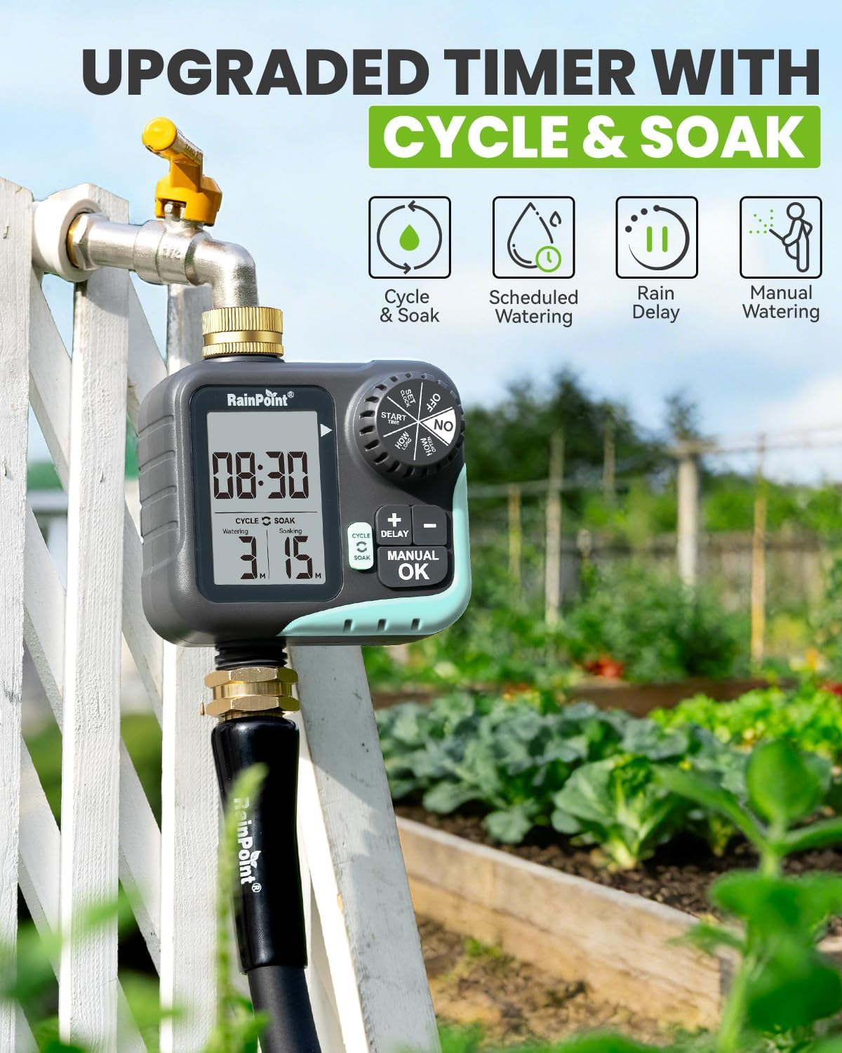 Sprinkler Timer - Cycle & Soak Hose Timer for Garden Hose with Automatic Watering/Manual Watering/Rain Delay, Programmable for Irrigation System, Lawn, Yard, Outdoor