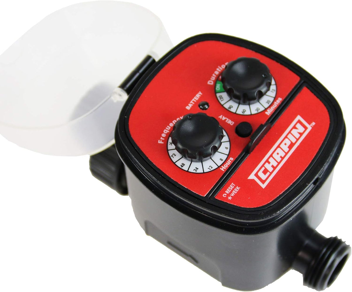 International 41002: Single Zone Water Timer with Digital Display, Water-Resistant Construction, Set Frequency, Duration and Time Delay, 1-Pack, Red/Black