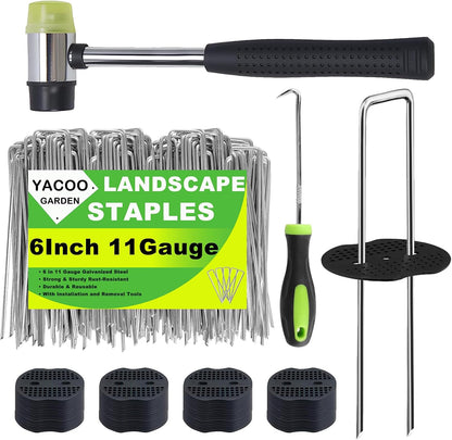 6 Inch Landscape Staples Set, 11 Gauge Galvanized U-Shaped Garden Stakes (100 Pack) with 100 Gaskets, Hook Tool & Rubber Mallet for Weed Fabric & Landscaping