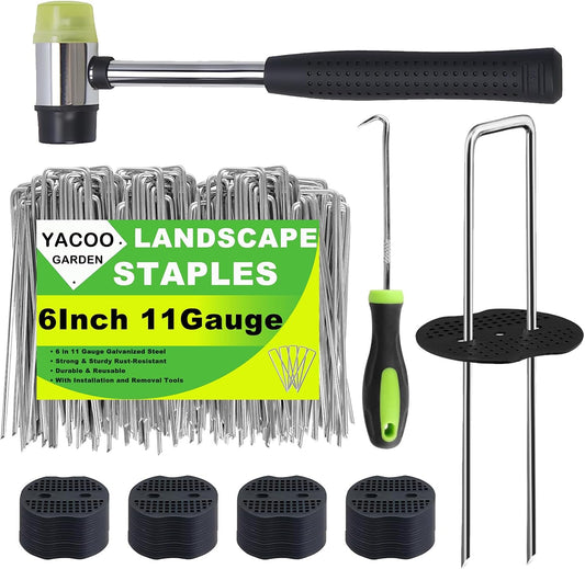 6 Inch Landscape Staples Set, 11 Gauge Galvanized U-Shaped Garden Stakes (100 Pack) with 100 Gaskets, Hook Tool & Rubber Mallet for Weed Fabric & Landscaping