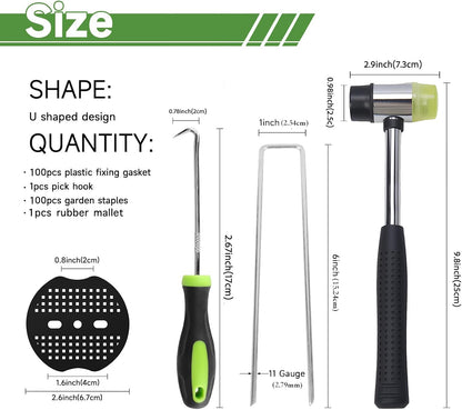 6 Inch Landscape Staples Set, 11 Gauge Galvanized U-Shaped Garden Stakes (100 Pack) with 100 Gaskets, Hook Tool & Rubber Mallet for Weed Fabric & Landscaping