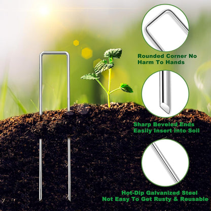 6 Inch Landscape Staples Set, 11 Gauge Galvanized U-Shaped Garden Stakes (100 Pack) with 100 Gaskets, Hook Tool & Rubber Mallet for Weed Fabric & Landscaping