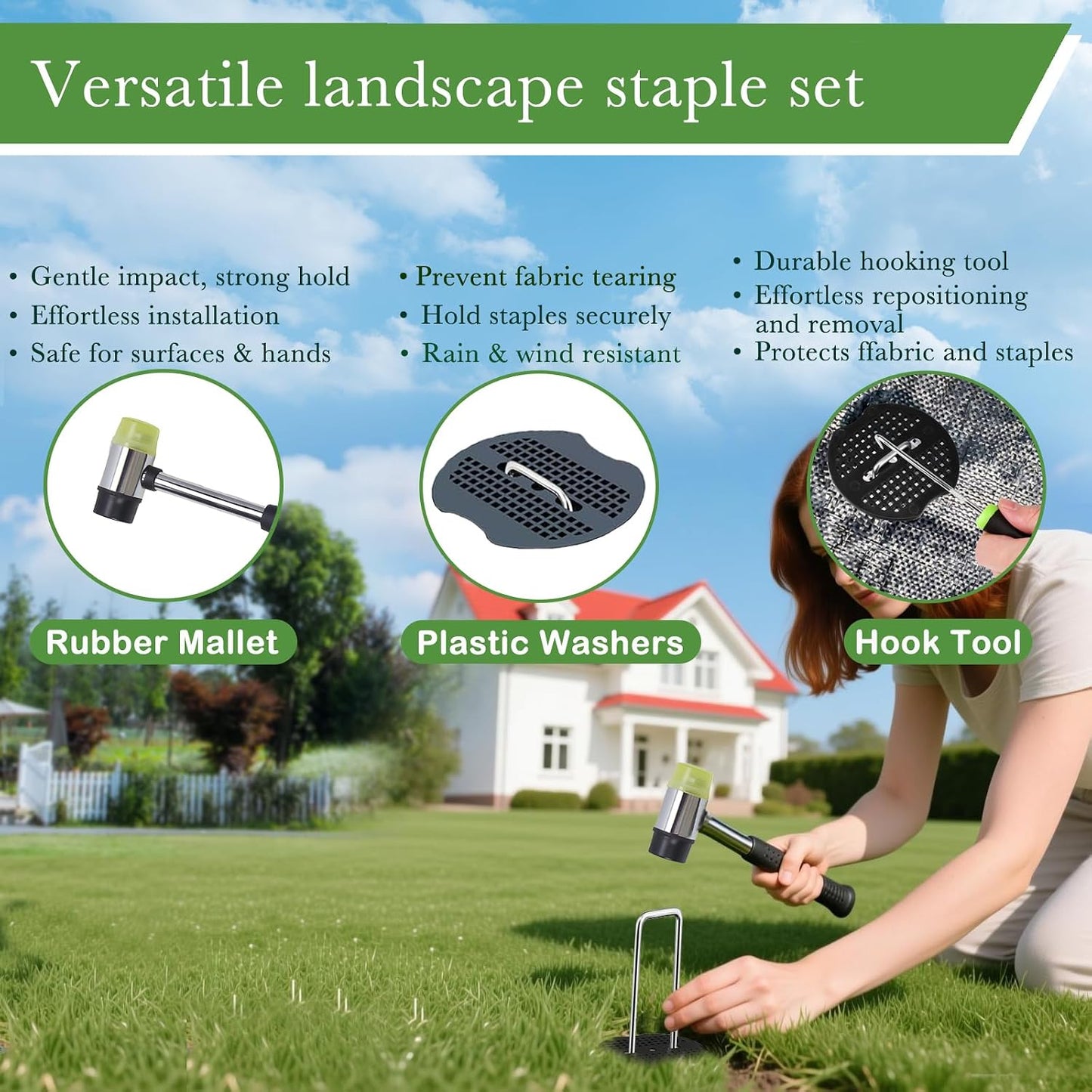 6 Inch Landscape Staples Set, 11 Gauge Galvanized U-Shaped Garden Stakes (100 Pack) with 100 Gaskets, Hook Tool & Rubber Mallet for Weed Fabric & Landscaping