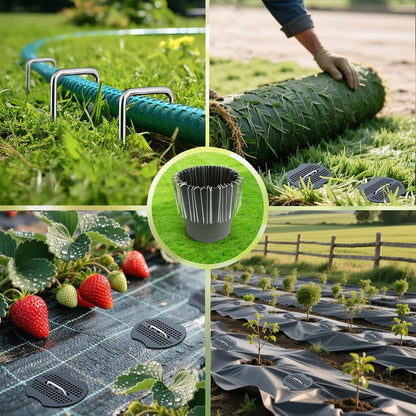 6 Inch Landscape Staples Set, 11 Gauge Galvanized U-Shaped Garden Stakes (100 Pack) with 100 Gaskets, Hook Tool & Rubber Mallet for Weed Fabric & Landscaping