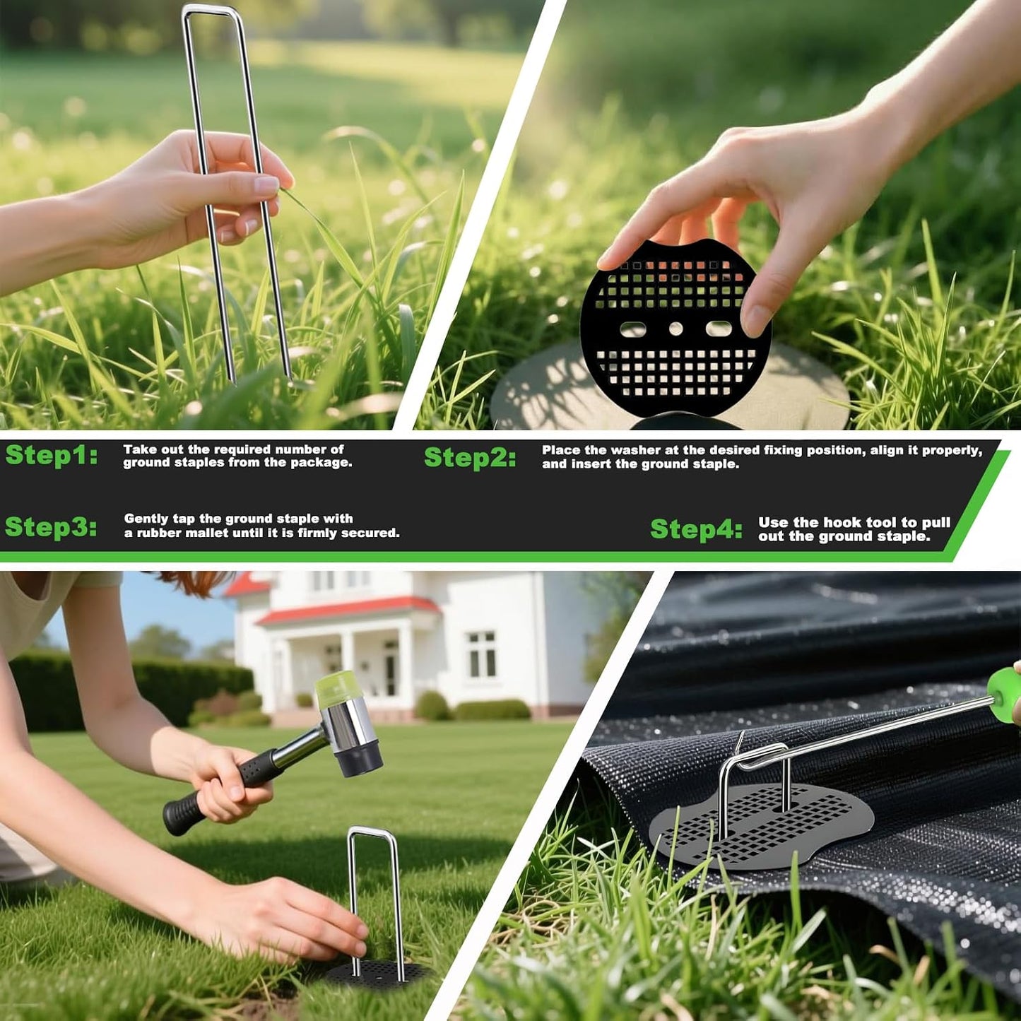 6 Inch Landscape Staples Set, 11 Gauge Galvanized U-Shaped Garden Stakes (100 Pack) with 100 Gaskets, Hook Tool & Rubber Mallet for Weed Fabric & Landscaping