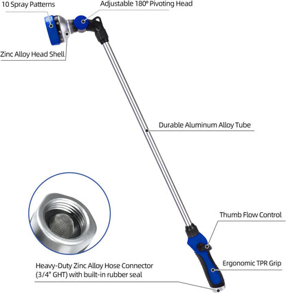 Watering Wand for Garden Hose, 30 Inch, 10 Spray Patterns, Thumb Control Garden Hose Nozzle, Adjustable Water Sprayer with Pivoting Head, Ideal for Hanging Baskets, Plants, and Shrubs, Green