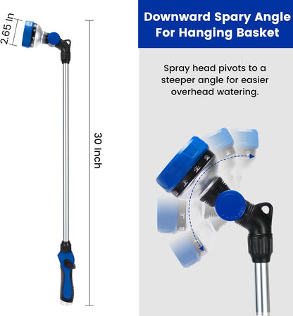 Watering Wand for Garden Hose, 30 Inch, 10 Spray Patterns, Thumb Control Garden Hose Nozzle, Adjustable Water Sprayer with Pivoting Head, Ideal for Hanging Baskets, Plants, and Shrubs, Green