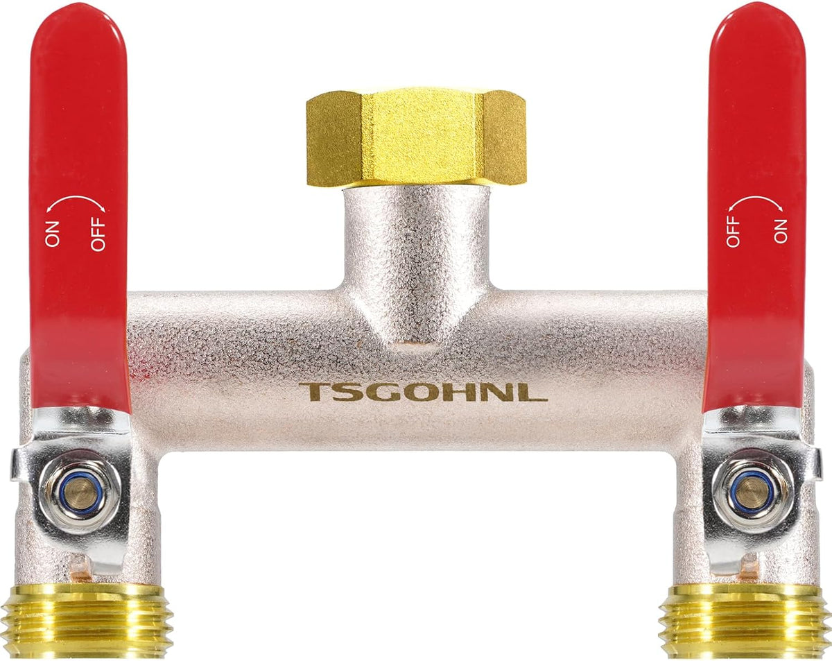 2 Way Garden Hose Splitter, 3/4" GHT Brass Hose Splitter - Red
