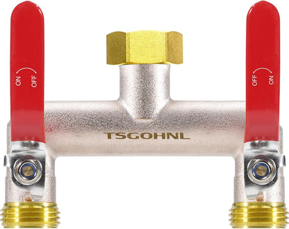 2 Way Garden Hose Splitter, 3/4" GHT Brass Hose Splitter - Red