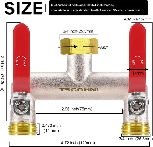 2 Way Garden Hose Splitter, 3/4" GHT Brass Hose Splitter - Red