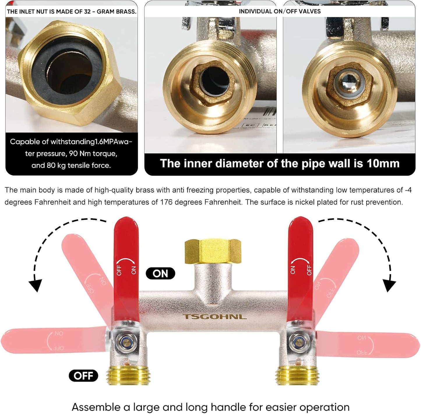 2 Way Garden Hose Splitter, 3/4" GHT Brass Hose Splitter - Red