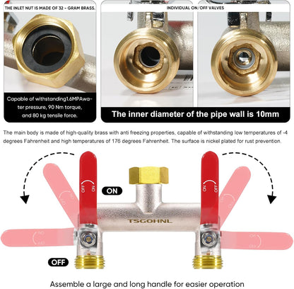 2 Way Garden Hose Splitter, 3/4" GHT Brass Hose Splitter - Red