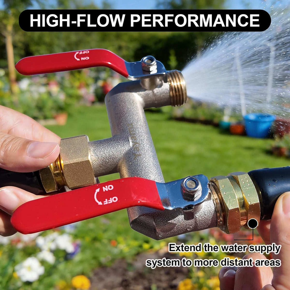 2 Way Garden Hose Splitter, 3/4" GHT Brass Hose Splitter - Red