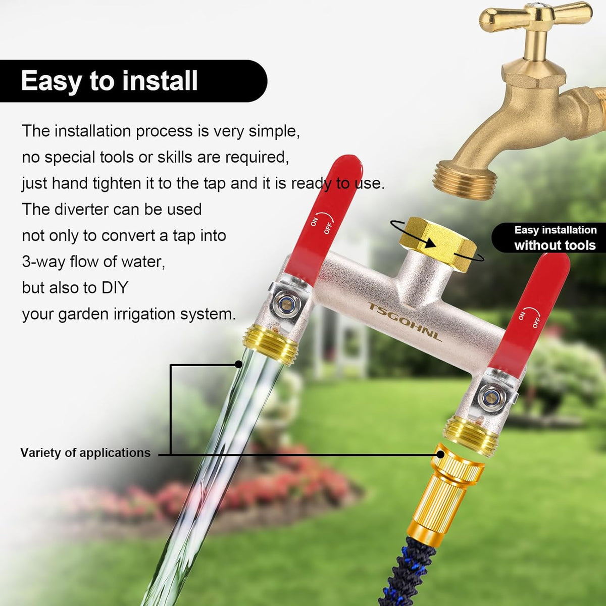 2 Way Garden Hose Splitter, 3/4" GHT Brass Hose Splitter - Red