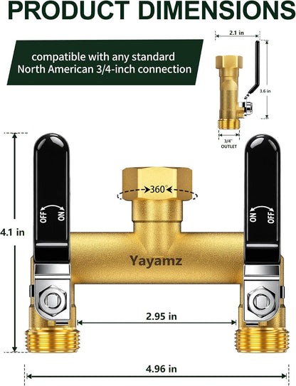 2 Way Garden Hose Splitter, 3/4" GHT Brass Hose Splitter - Red