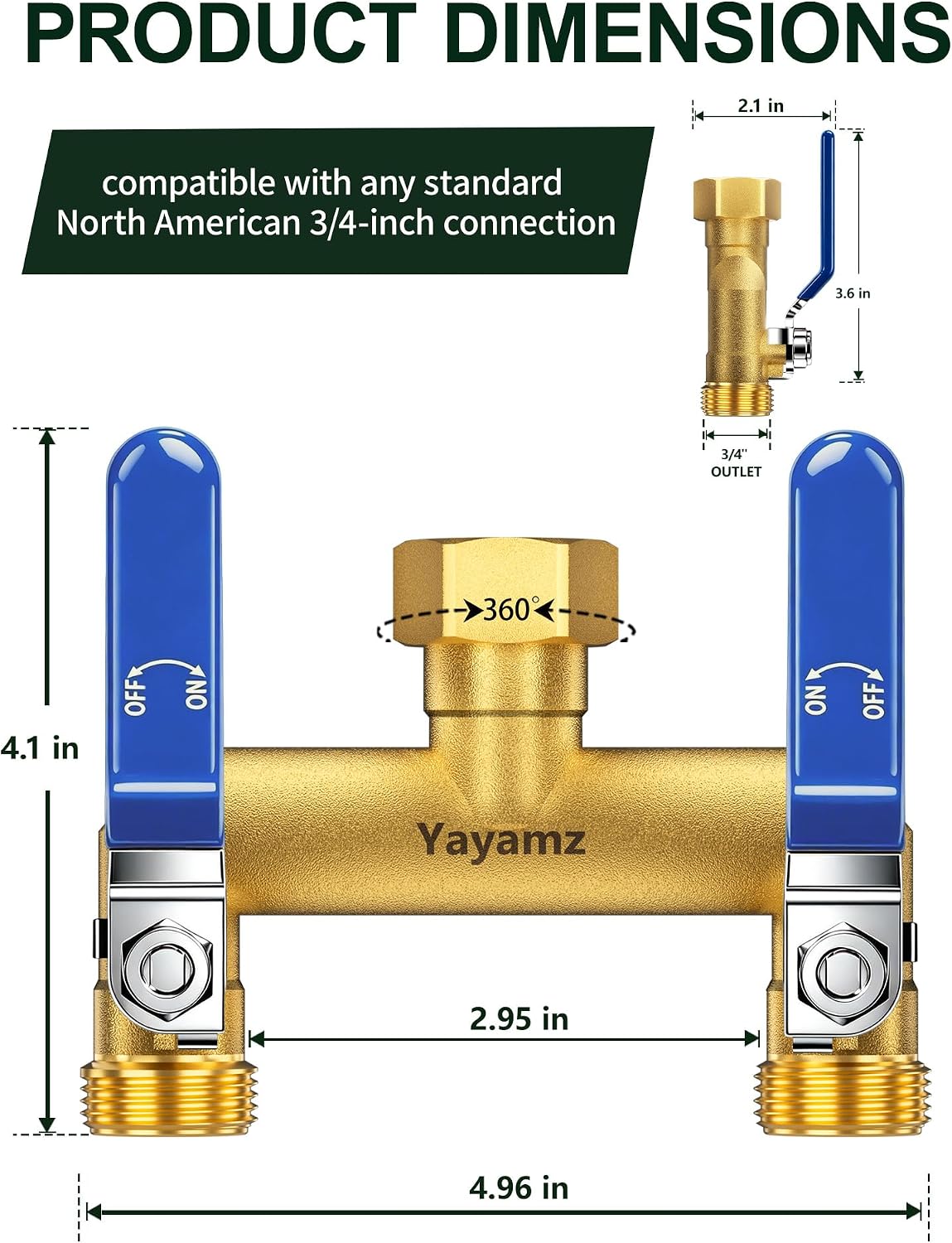 2 Way Garden Hose Splitter, 3/4" GHT Brass Hose Splitter - Red