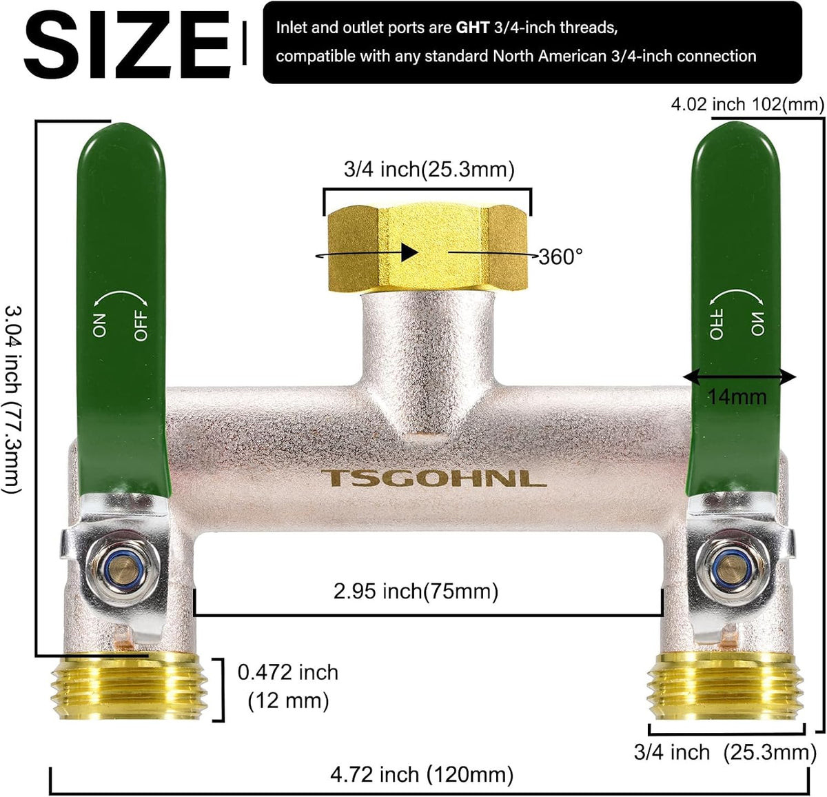 2 Way Garden Hose Splitter, 3/4" GHT Brass Hose Splitter - Red