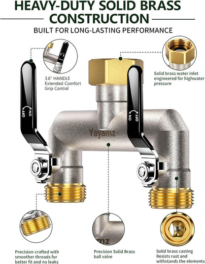 2 Way Garden Hose Splitter, 3/4" GHT Brass Hose Splitter - Red