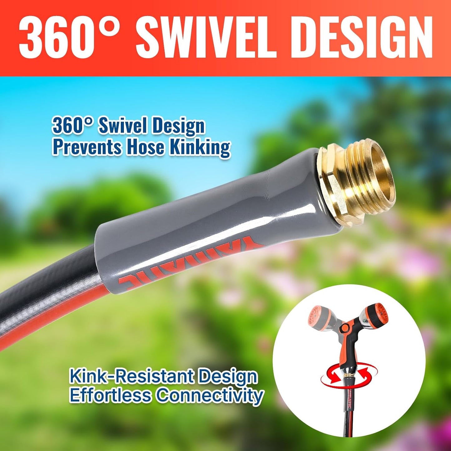 50ft Flexible Garden Hose 5/8in I.D. with 360° Swivel Brass Handle