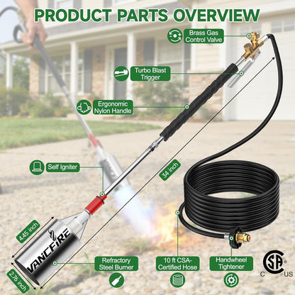 Propane Torch Weed Burner Kit with Storage Bag,Heavy Duty Blow Torch with Turbo Trigger & 10FT Hose,Flamethrower with Self Ignitor for Weeding,Roofing,Ice Snow Melting,BBQ(34")