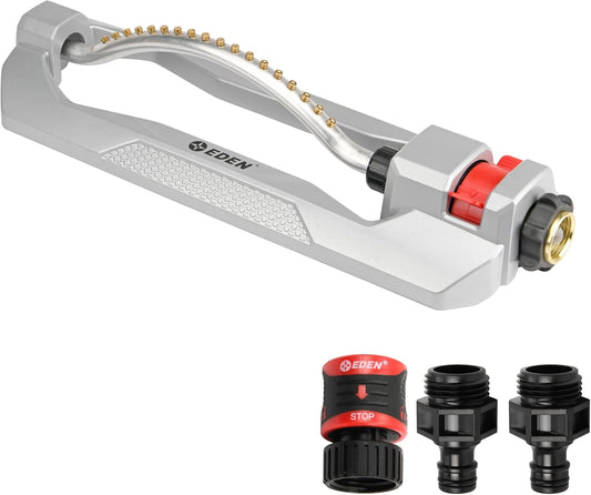 96218 Heavy Duty Turbo Oscillating Sprinkler, Covers Up to 3,700 sq. ft., 18 Brass Nozzles, Weighted Aluminum Base, Adjustable Range, Quick Connect Bundle, Silver, Red, Black